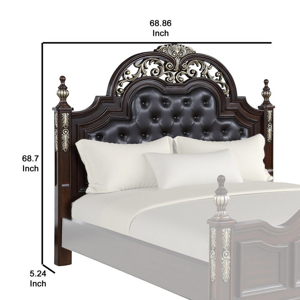 Leatherette and Wood Queen Headboard with Carving and Mirror Inlay Brown By Casagear Home BM219491