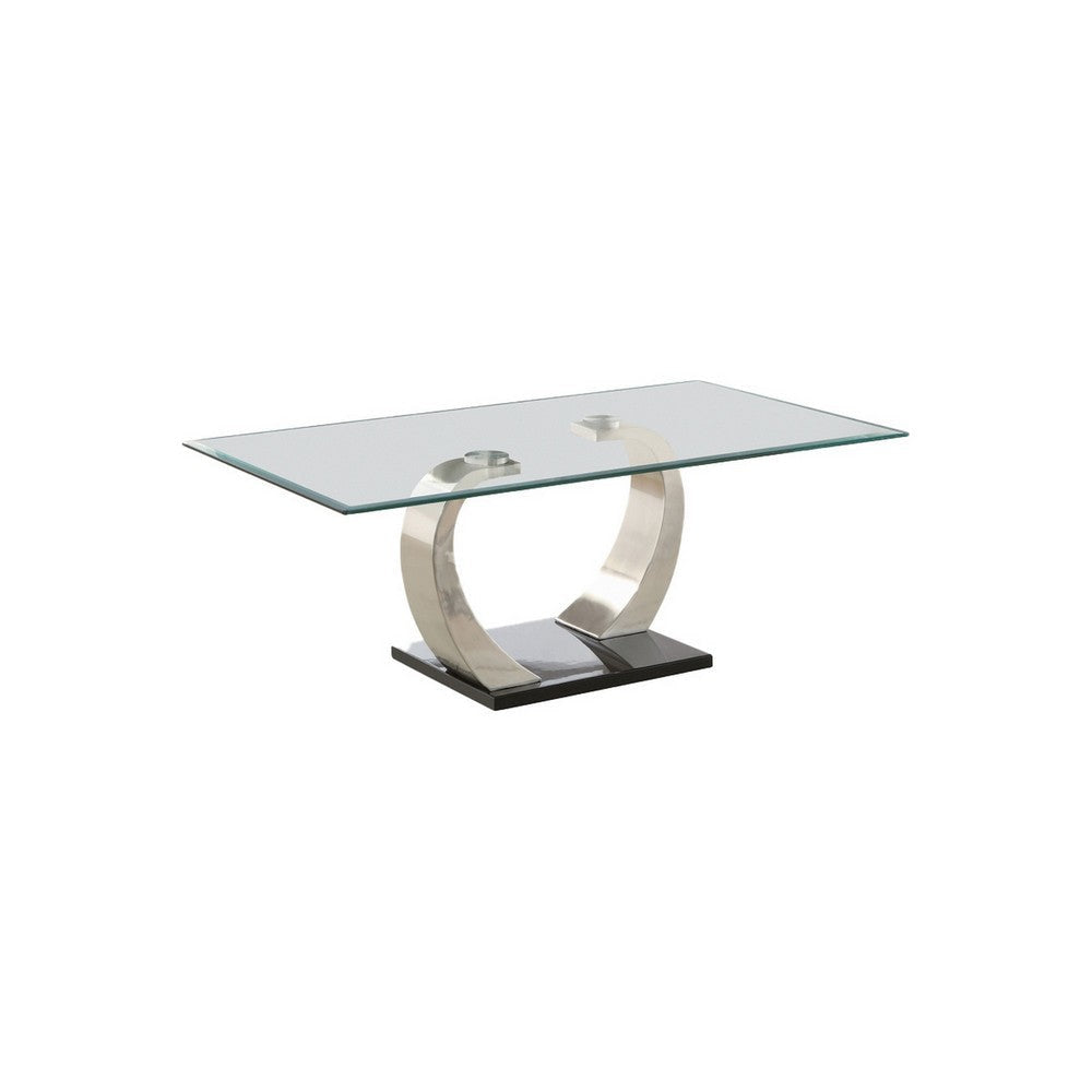 Floating Glass Top Coffee Table with Metal Support, Clear and Silver By Casagear Home