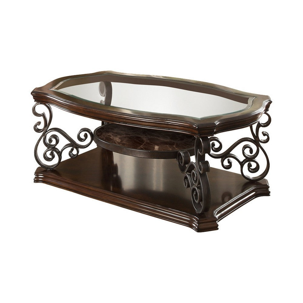 Tempered Glass Top Wooden Coffee Table with Ornate Metal Scrollwork, Brown By Casagear Home