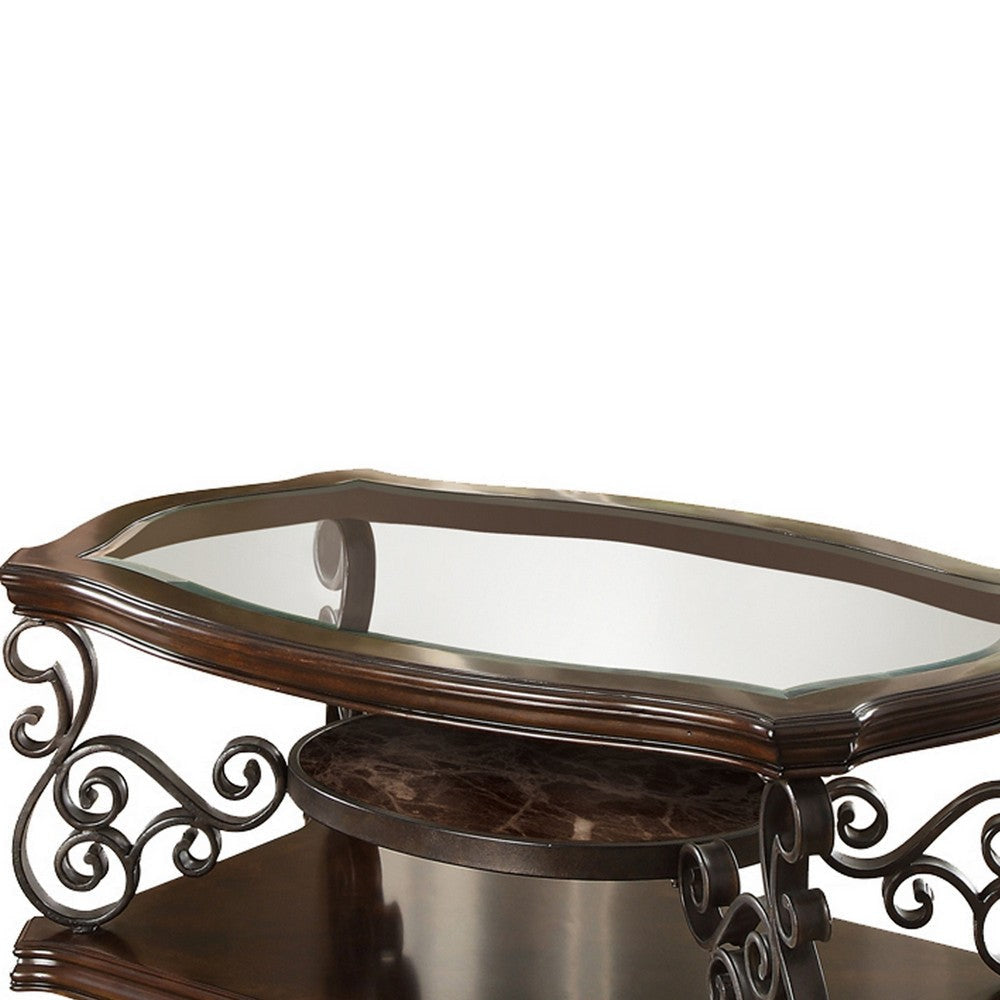 Tempered Glass Top Wooden Coffee Table with Ornate Metal Scrollwork Brown By Casagear Home BM219595