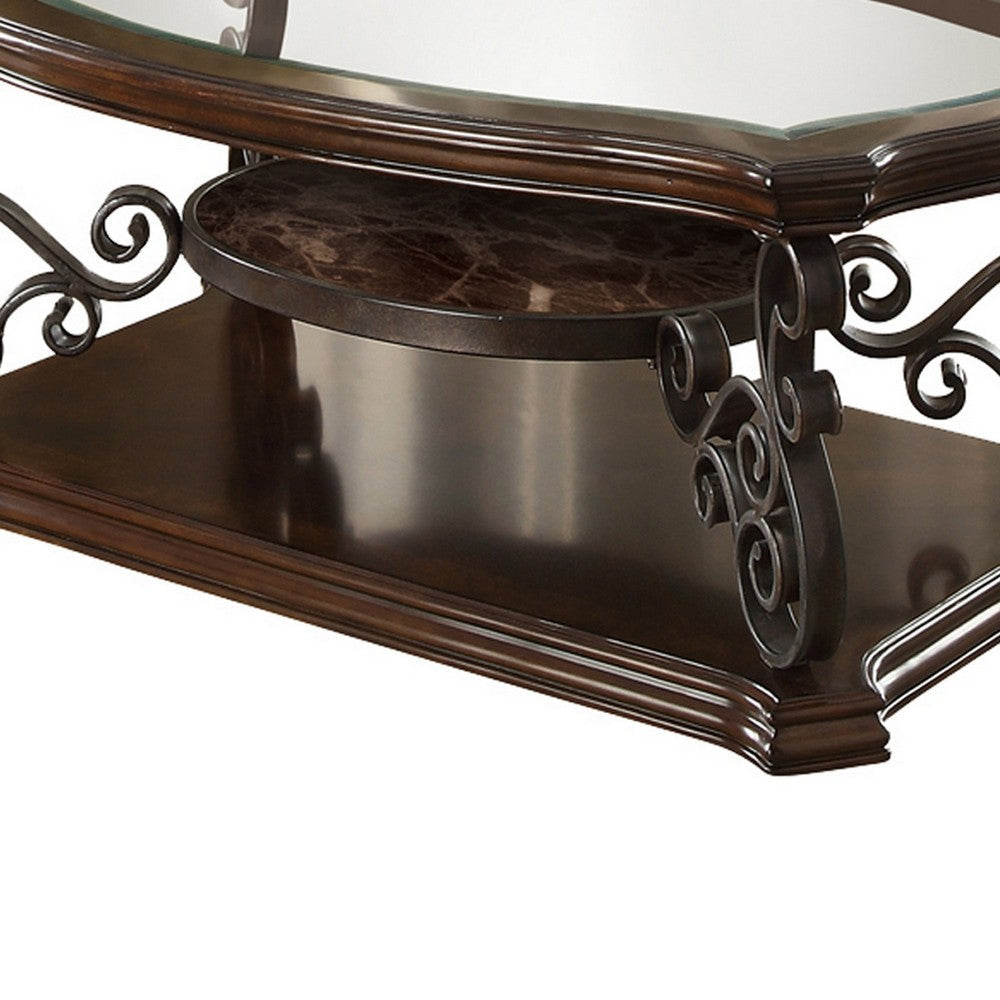 Tempered Glass Top Wooden Coffee Table with Ornate Metal Scrollwork Brown By Casagear Home BM219595