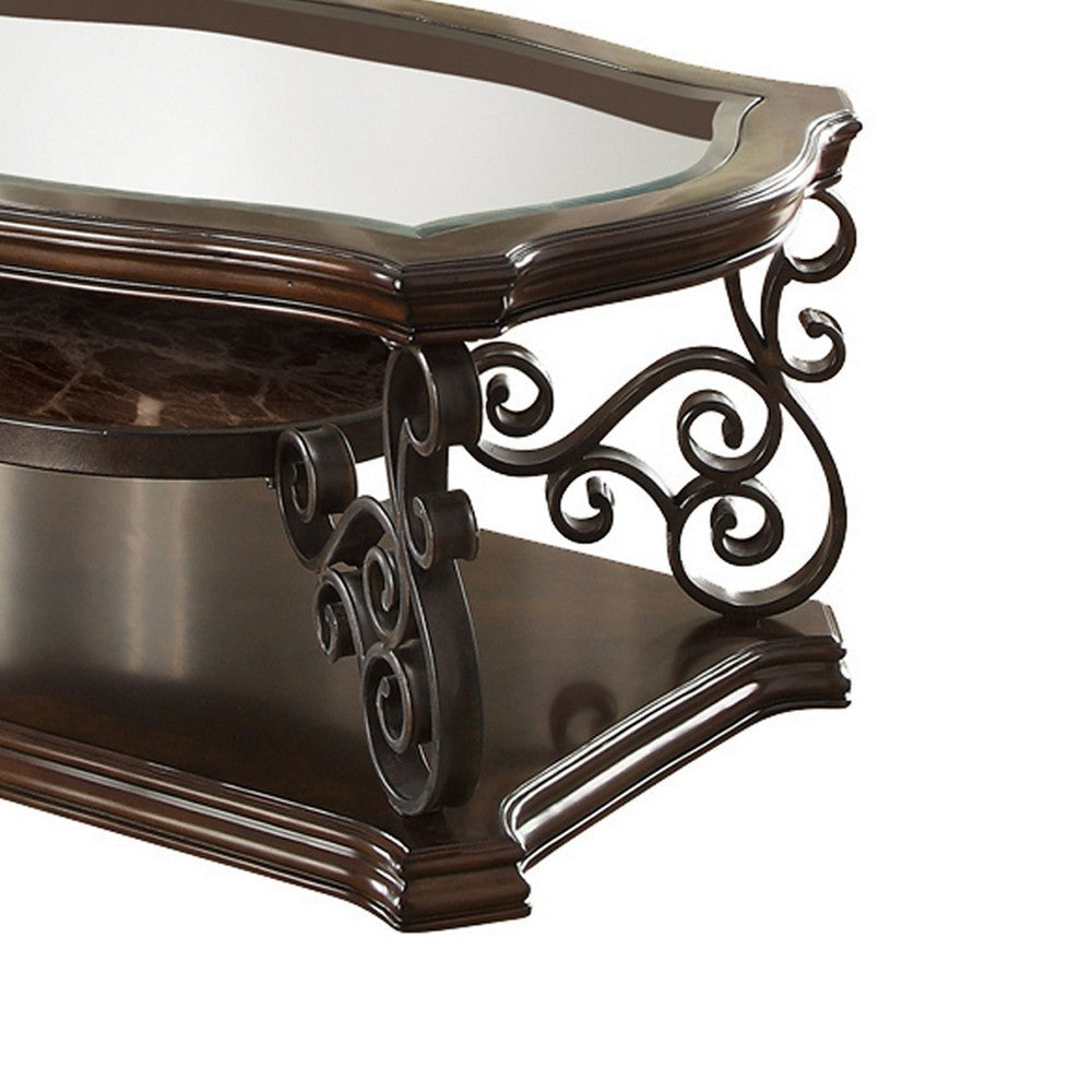 Tempered Glass Top Wooden Coffee Table with Ornate Metal Scrollwork Brown By Casagear Home BM219595