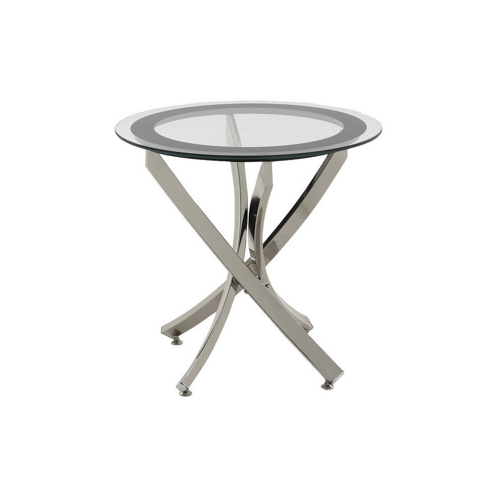 Round Tempered Glass Top End Table with Curved Metal Legs, Silver and Clear By Casagear Home