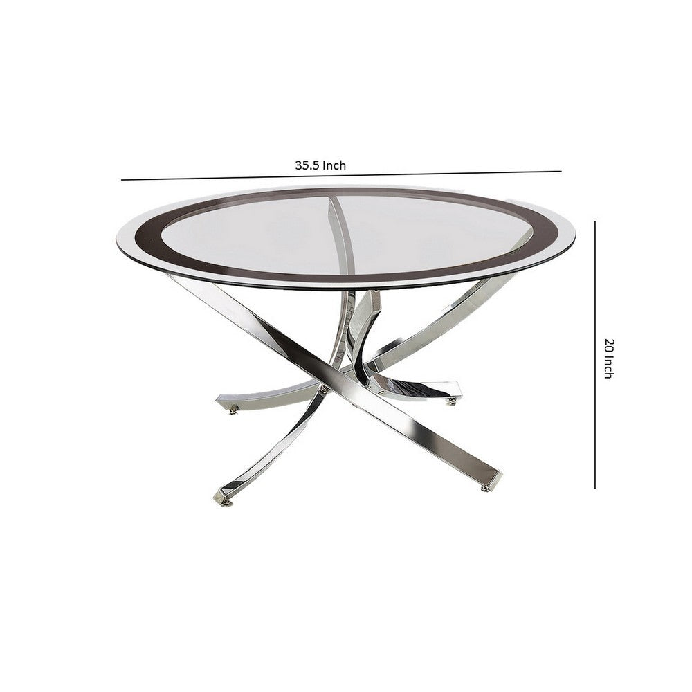 Round Tempered Glass Top Coffee Table with Metal Legs Silver and Clear By Casagear Home BM219598