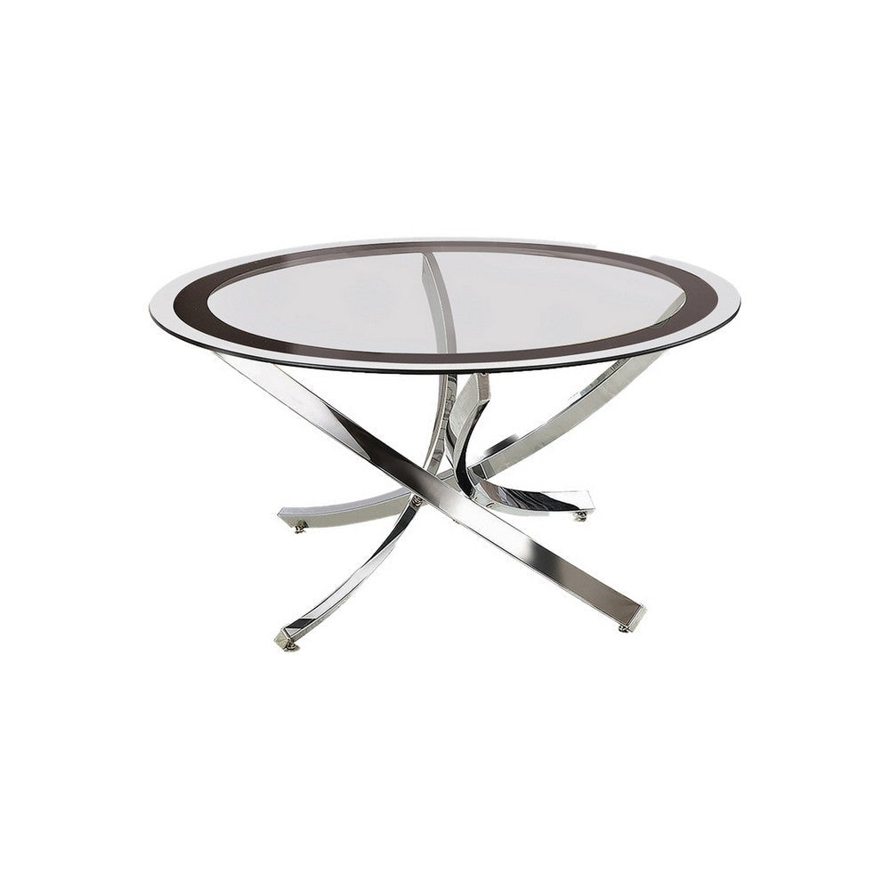 Round Tempered Glass Top Coffee Table with Metal Legs, Silver and Clear By Casagear Home