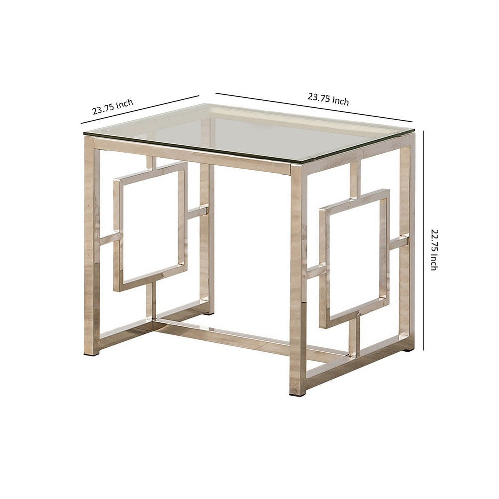 Tempered Glass Top End Table with Lattice Cut Out Panels Silver and Clear By Casagear Home BM219599