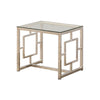 Tempered Glass Top End Table with Lattice Cut Out Panels, Silver and Clear By Casagear Home