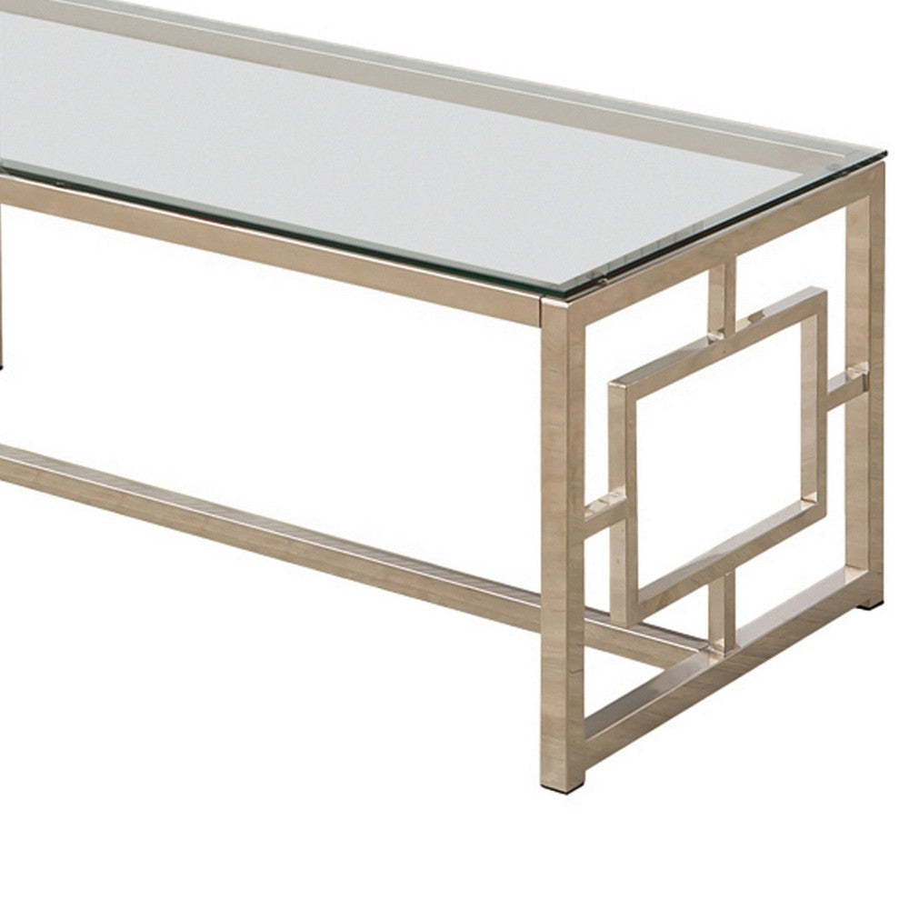 Tempered Glass Top Coffee Table with Lattice Cut Outs Silver and Clear By Casagear Home BM219600