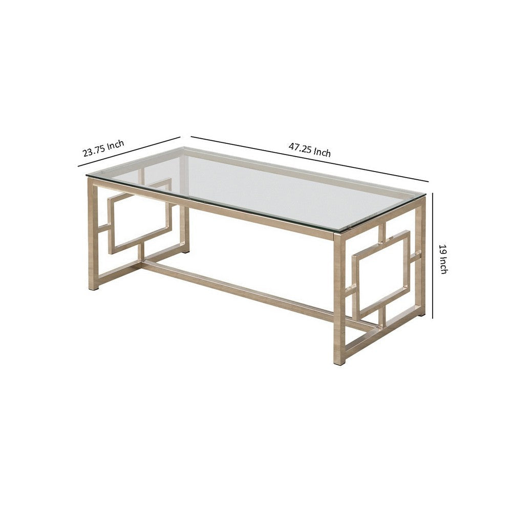 Tempered Glass Top Coffee Table with Lattice Cut Outs Silver and Clear By Casagear Home BM219600