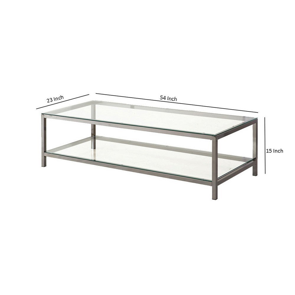 Glass Top Coffee Table with Metal Frame and Open Shelf Silver By Casagear Home BM219615