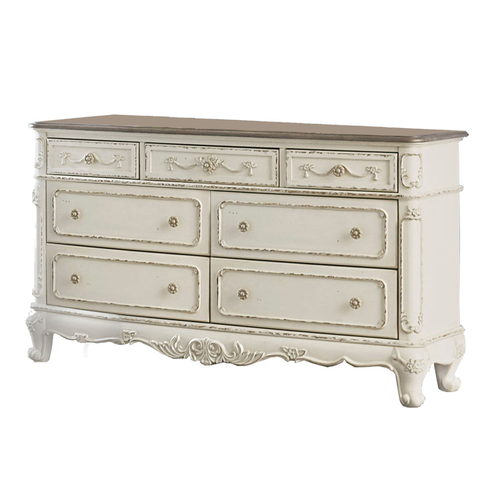 7 Drawer Dresser with Floral Motif Carving Details Antique White and Brown By Casagear Home BM219790