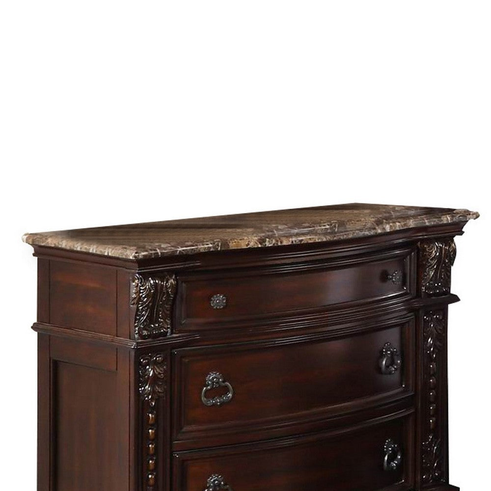 European Style Nightstand with 3 Drawers and Marble Top Dark Cherry Brown By Casagear Home BM219819