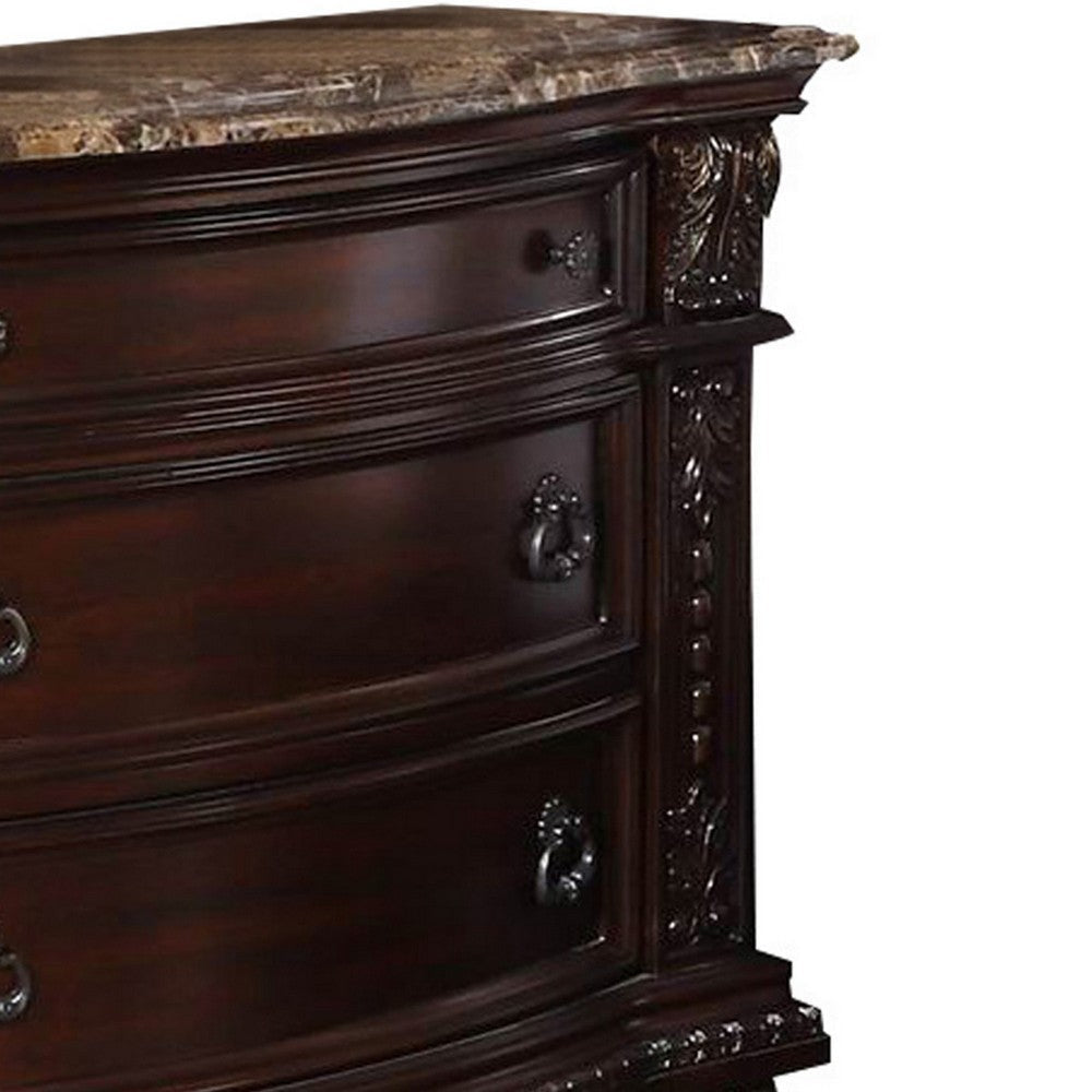 European Style Nightstand with 3 Drawers and Marble Top Dark Cherry Brown By Casagear Home BM219819