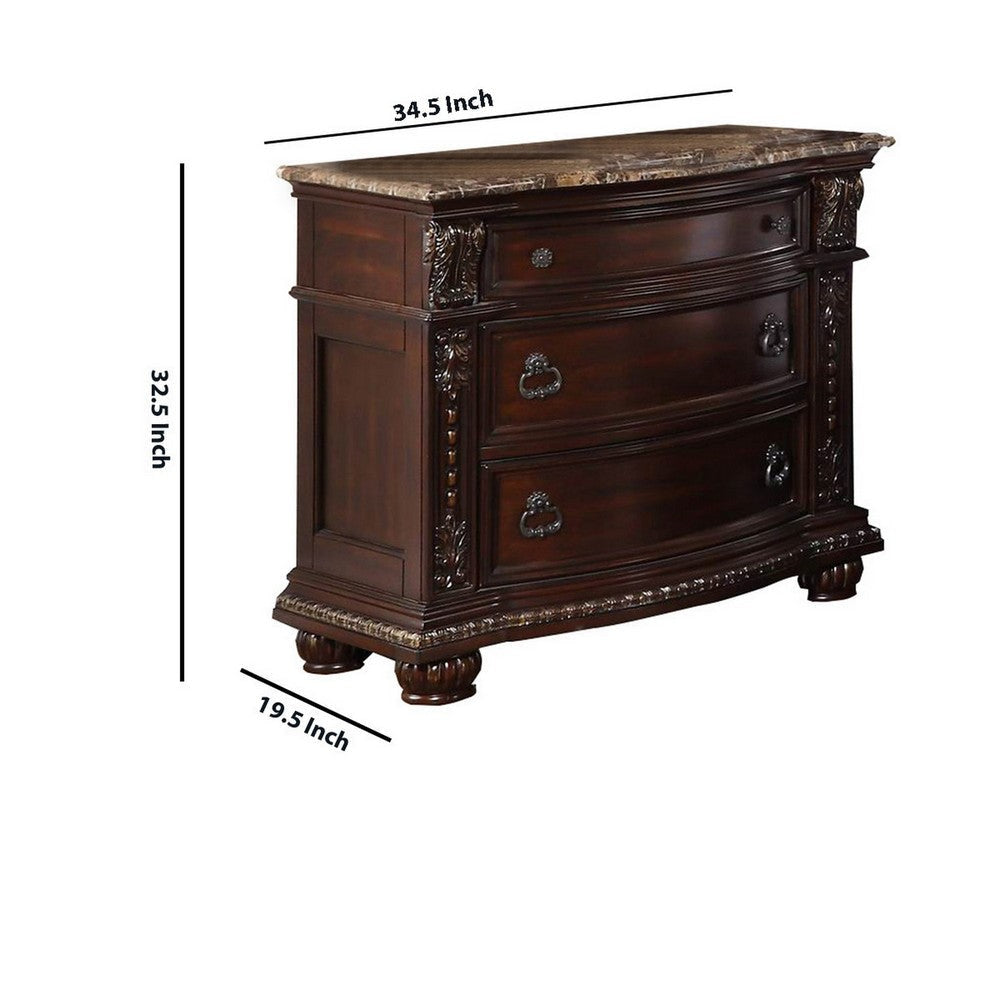 European Style Nightstand with 3 Drawers and Marble Top Dark Cherry Brown By Casagear Home BM219819