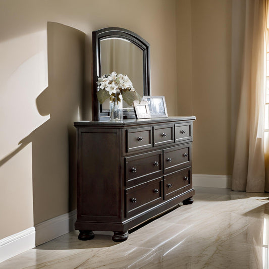 42" Wooden Frame Dresser Mirror with Curved Top, Black By Casagear Home