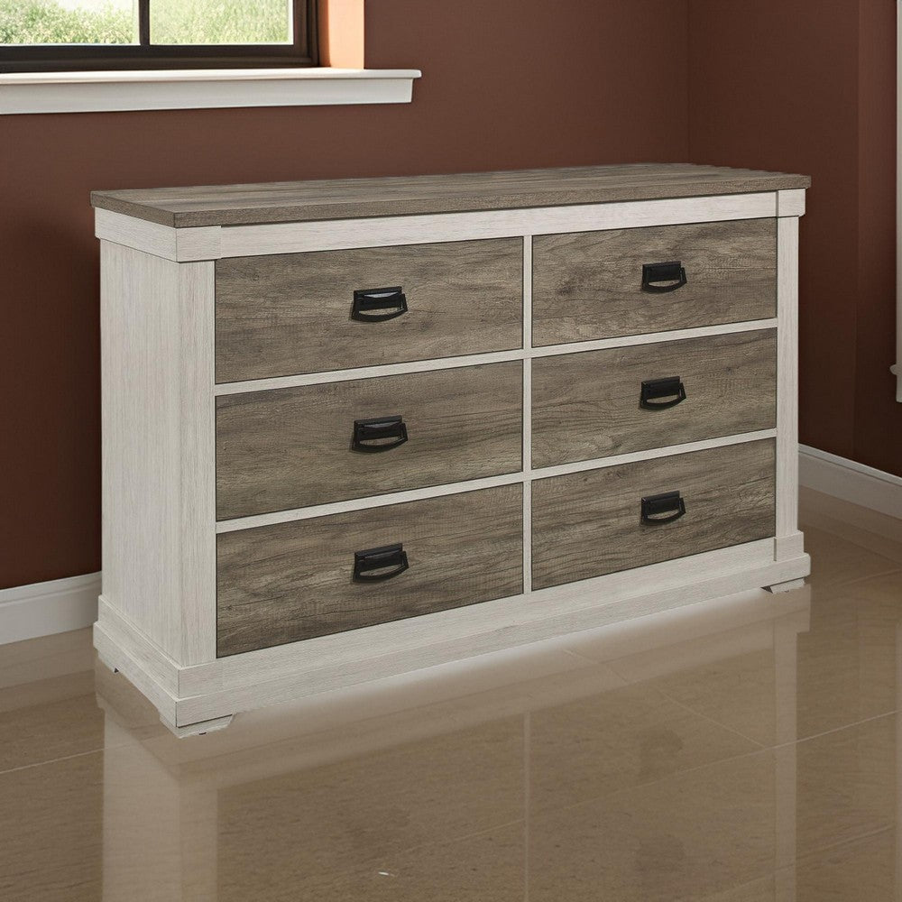 6 Drawer Wooden Dresser with Hanging Pull Handles White and Weathered Gray By Casagear Home BM219883