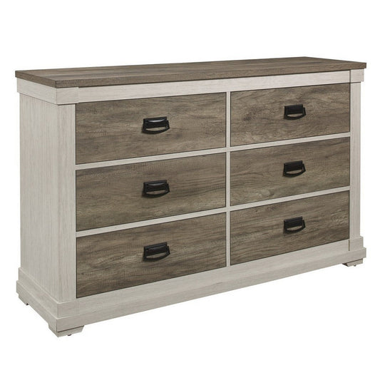 6 Drawer Wooden Dresser with Hanging Pull Handles, White and Weathered Gray By Casagear Home