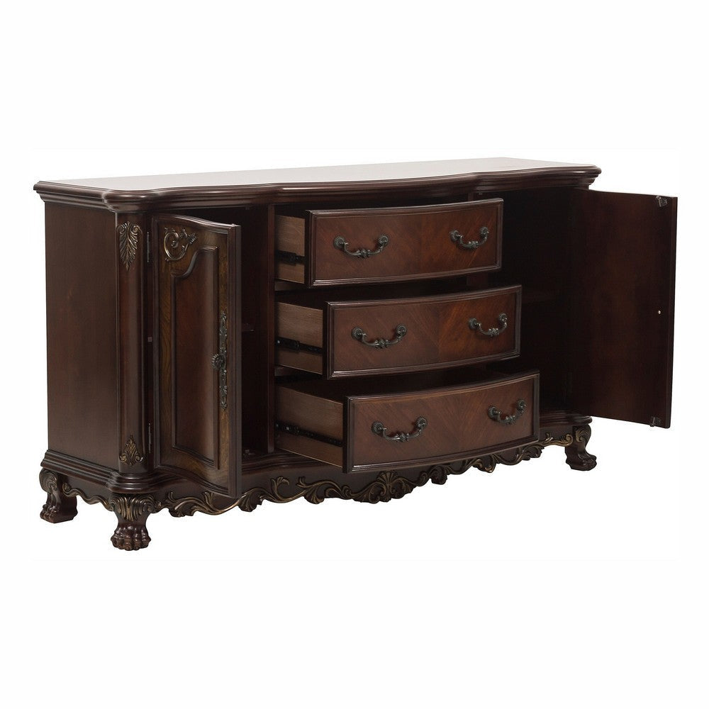 2 Doors Cabinet Wooden Buffet with 3 Drawers and Claw Feet Cherry Brown By Casagear Home BM220089