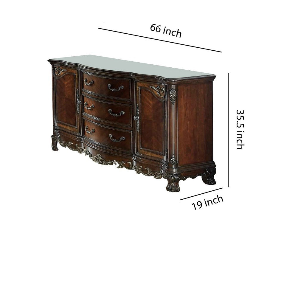 2 Doors Cabinet Wooden Buffet with 3 Drawers and Claw Feet Cherry Brown By Casagear Home BM220089