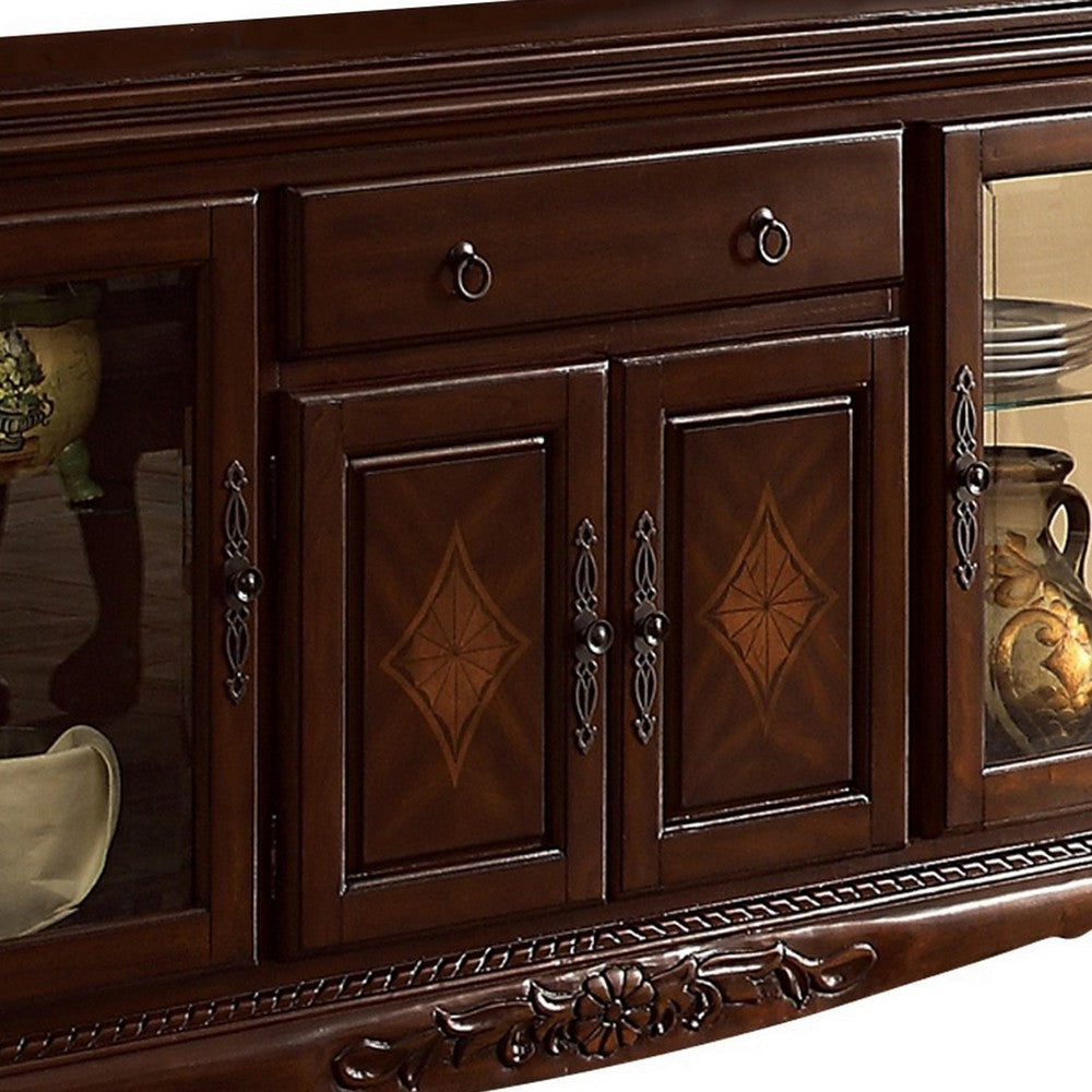 Traditional 2 Glass Cabinet Buffet with 1 Drawer and Bracket Feet Brown By Casagear Home BM220148