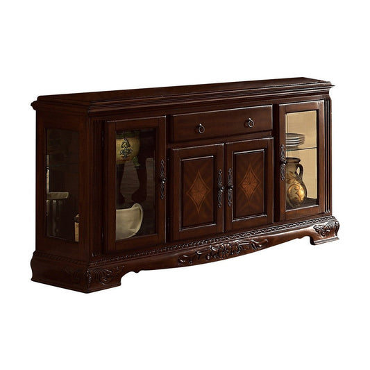 Traditional 2 Glass Cabinet Buffet with 1 Drawer and Bracket Feet, Brown By Casagear Home