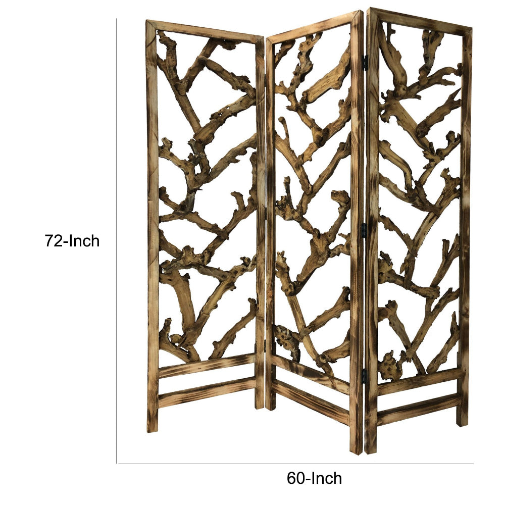 72 Inch 3 Panel Screen Divider Rustic Mulberry Branch Design Brown By Casagear Home BM220198