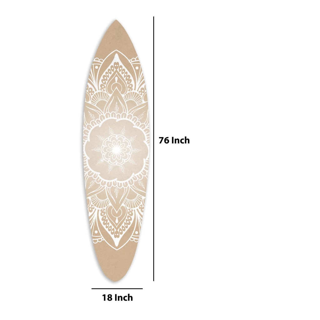 Wooden Surfboard Wall Art with Medallion Print Brown and White By Casagear Home BM220213