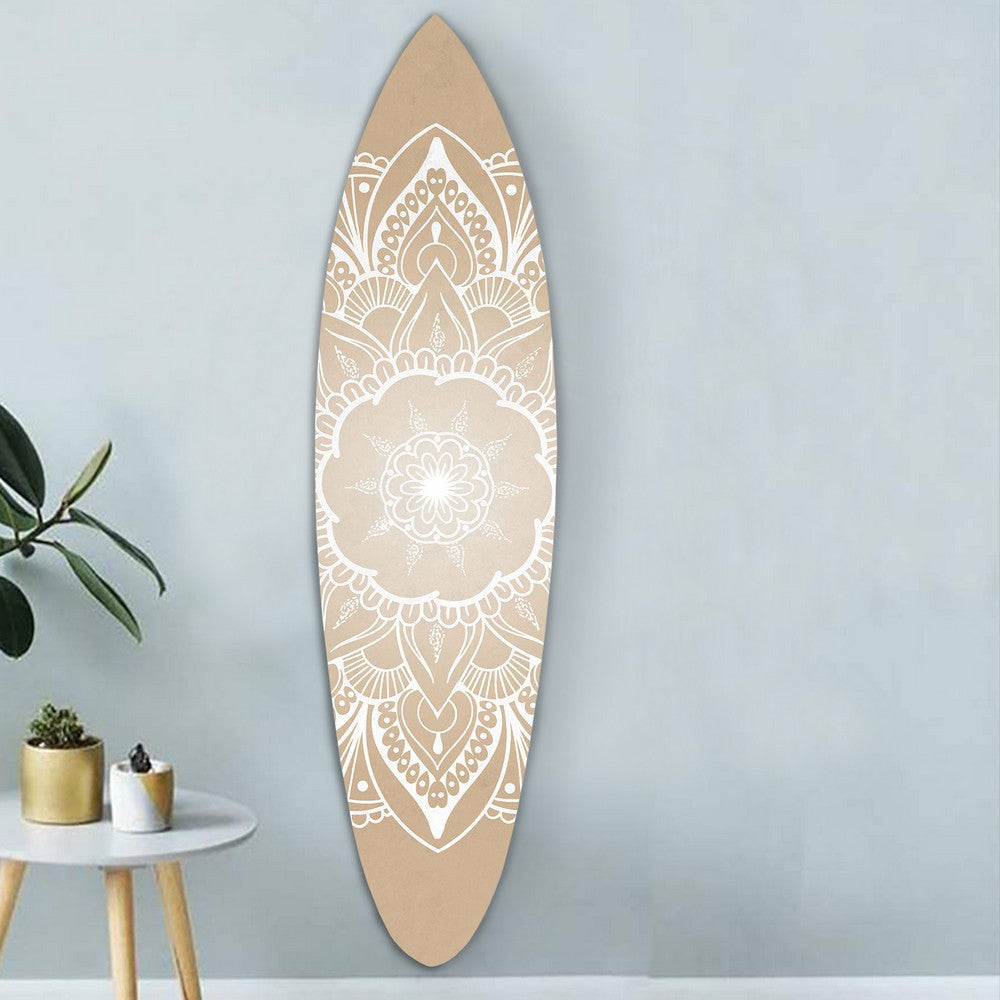 Wooden Surfboard Wall Art with Medallion Print Brown and White By Casagear Home BM220213