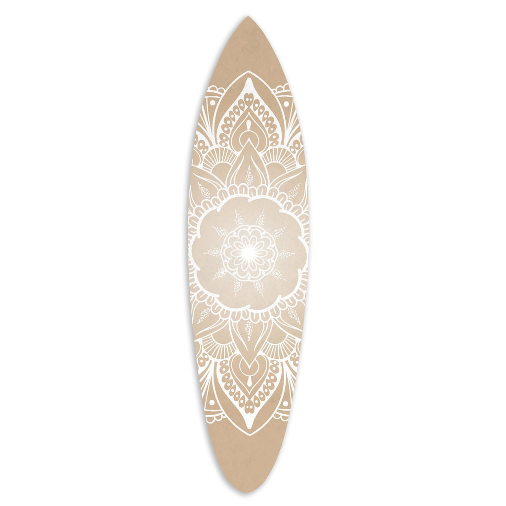 Wooden Surfboard Wall Art with Medallion Print, Brown and White By Casagear Home