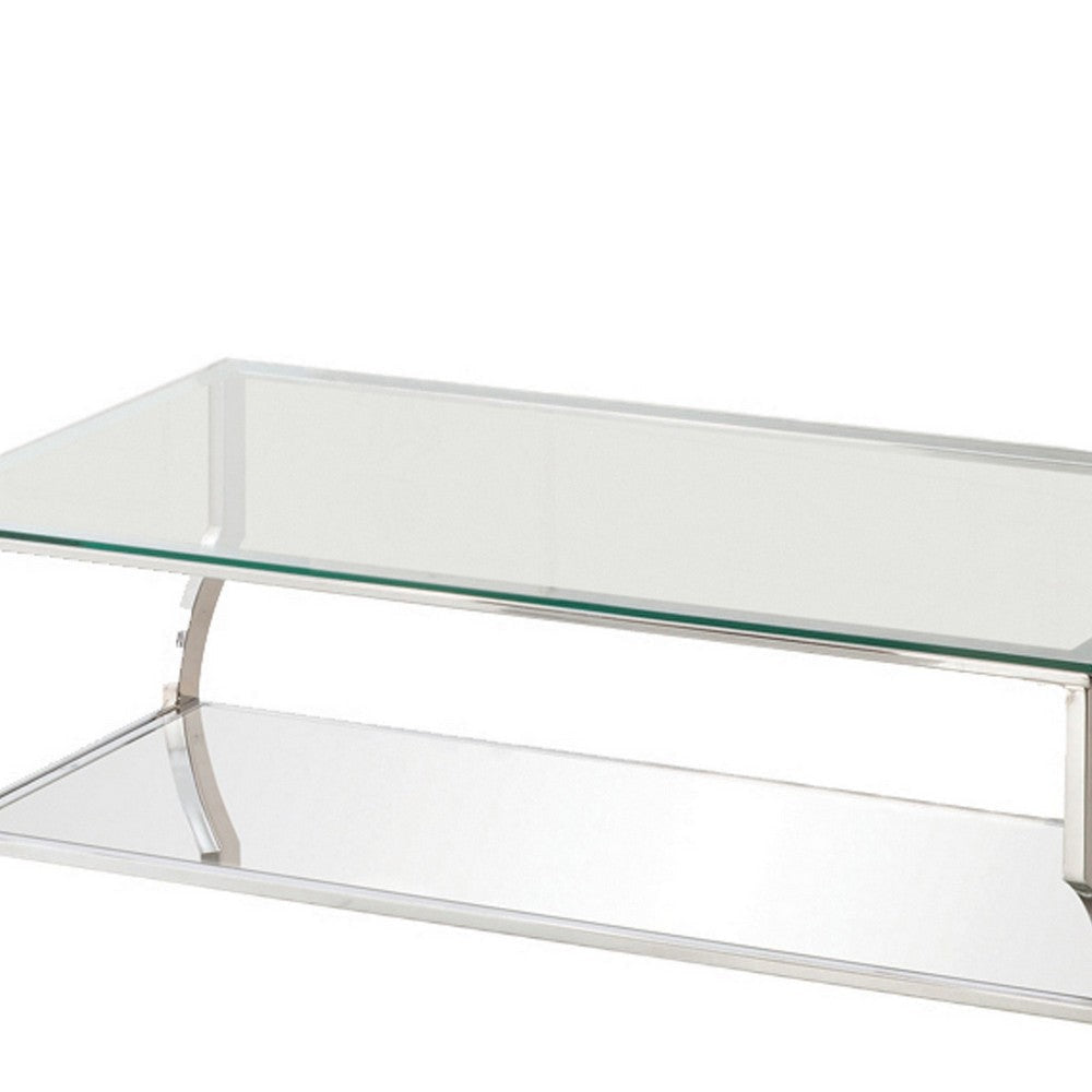 Glass Top Coffee Table with Metal Frame and Mirror Shelf Chrome By Casagear Home BM220278