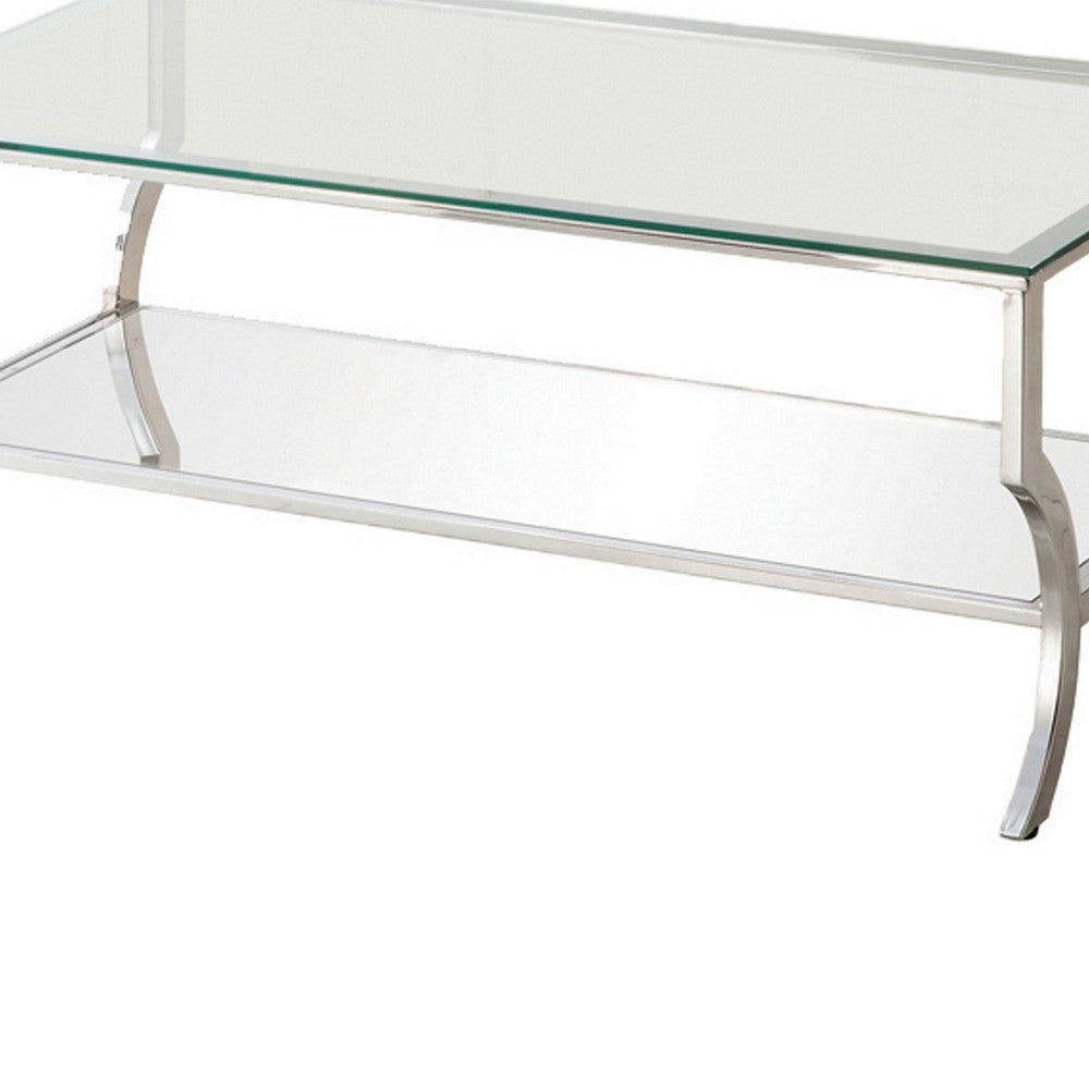 Glass Top Coffee Table with Metal Frame and Mirror Shelf Chrome By Casagear Home BM220278