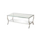 Glass Top Coffee Table with Metal Frame and Mirror Shelf, Chrome By Casagear Home