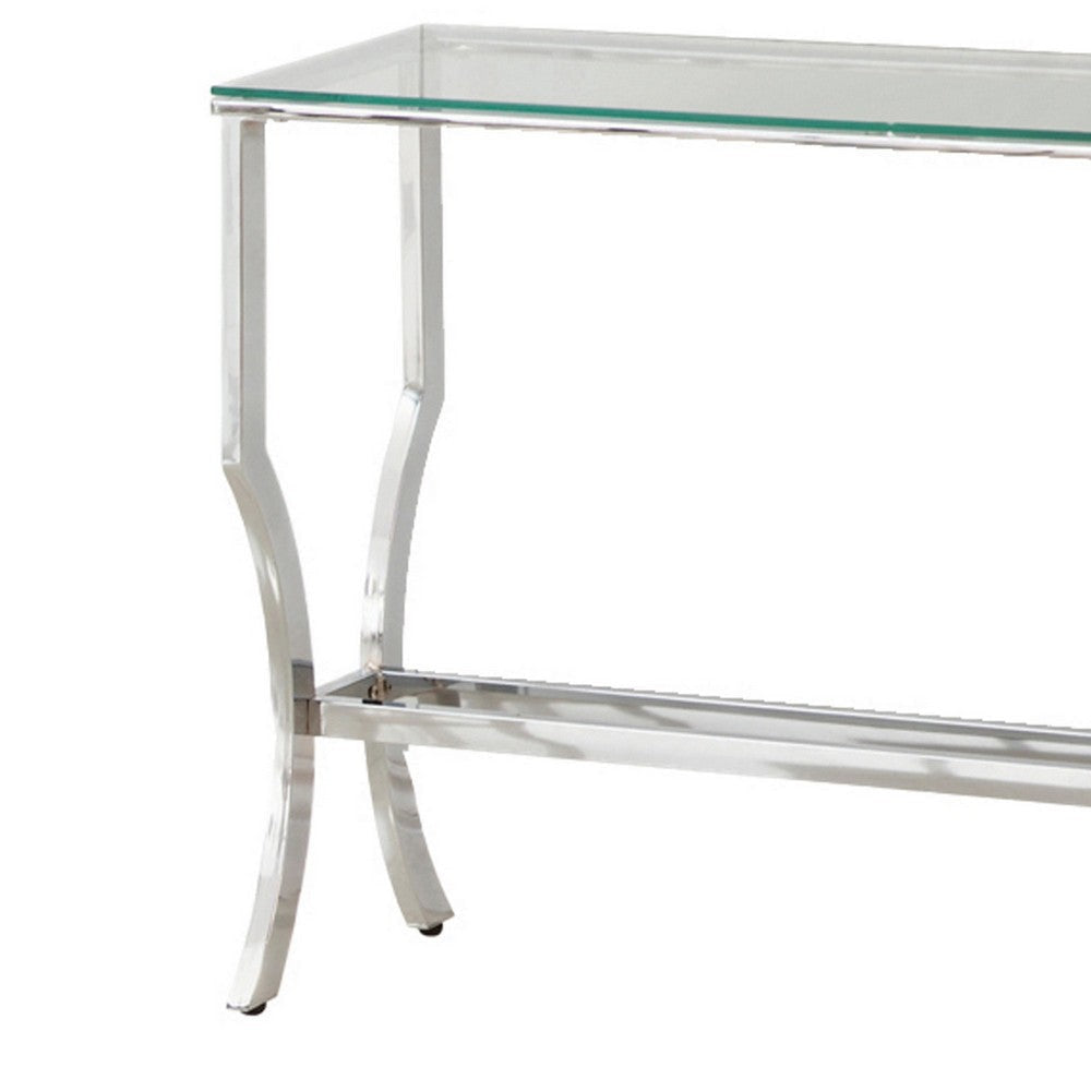 Glass Top Sofa Table with Metal Frame and Mirror Shelf Chrome By Casagear Home BM220309