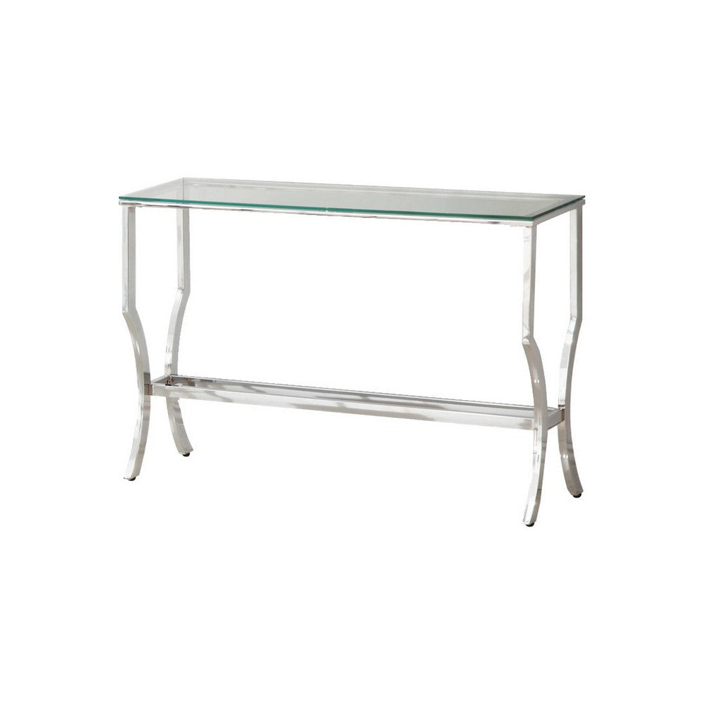 Glass Top Sofa Table with Metal Frame and Mirror Shelf, Chrome By Casagear Home