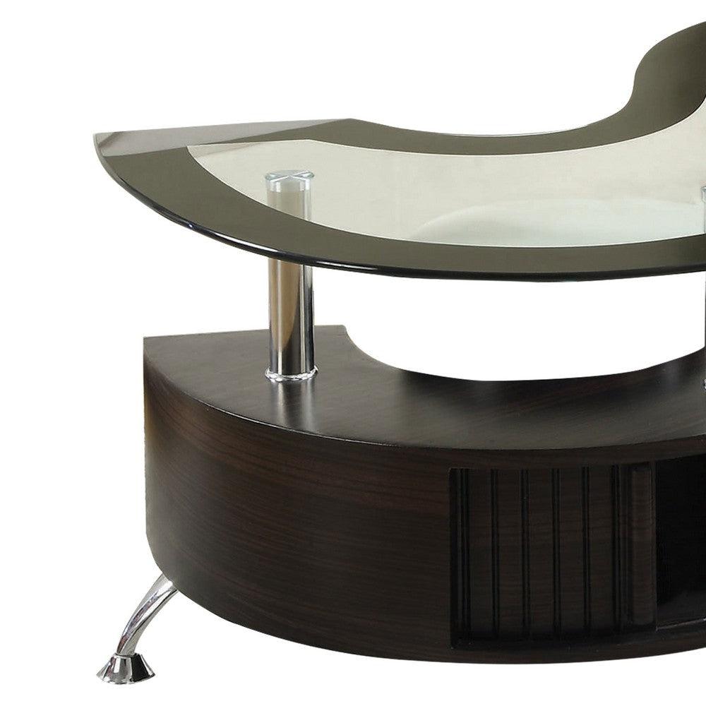 S Shape Contemporary Wood Base Coffee Table with Glass Top,Silver and Brown By Casagear Home BM220322