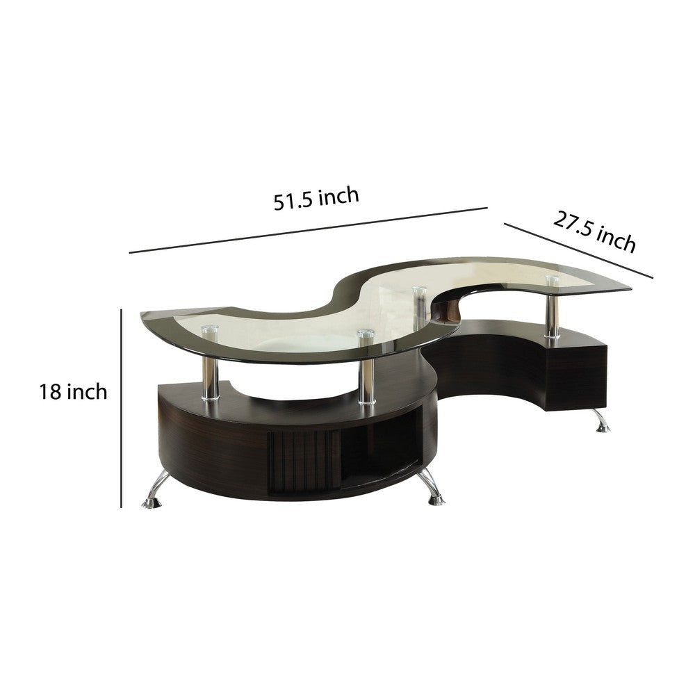 S Shape Contemporary Wood Base Coffee Table with Glass Top,Silver and Brown By Casagear Home BM220322