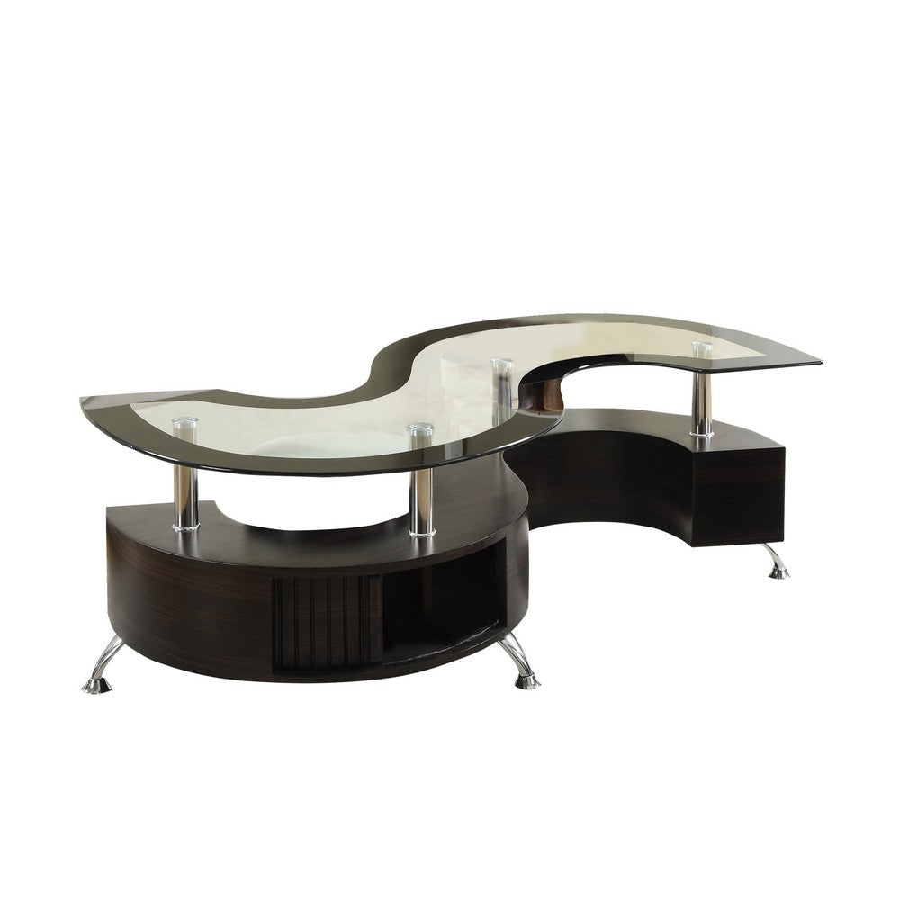 S Shape Contemporary Wood Base Coffee Table with Glass Top,Silver and Brown By Casagear Home