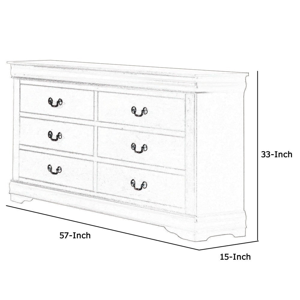 6 Drawer Wooden Dresser with Metal Hanging Pulls and Bracket Feet White By Casagear Home BM220334