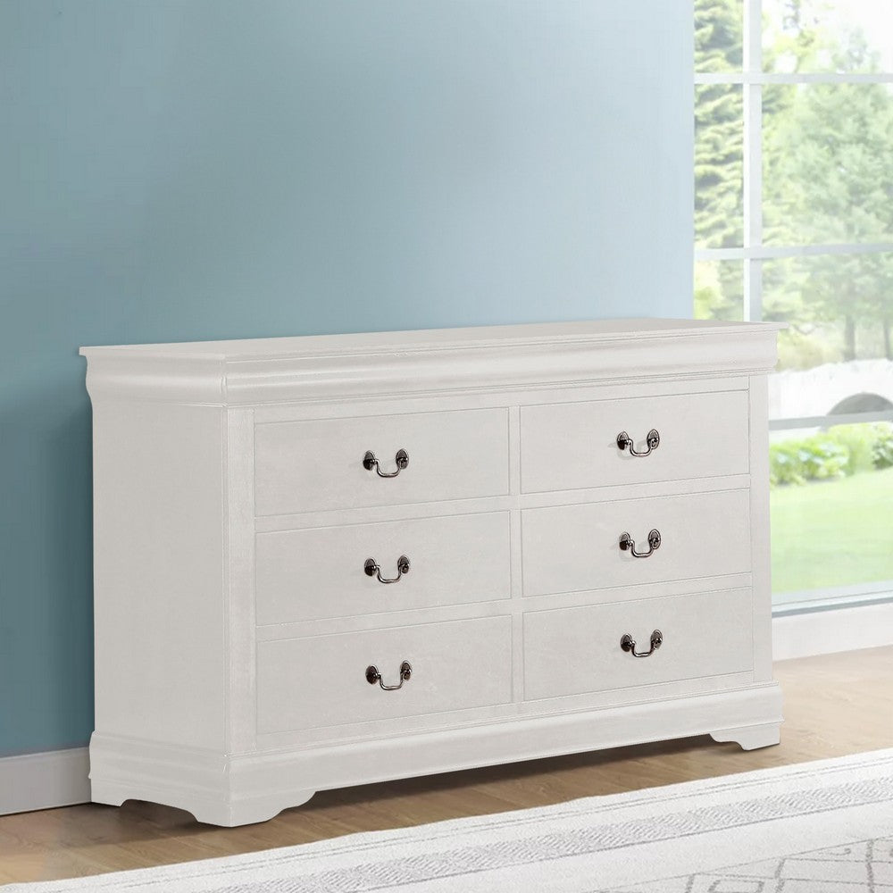 6 Drawer Wooden Dresser with Metal Hanging Pulls and Bracket Feet White By Casagear Home BM220334