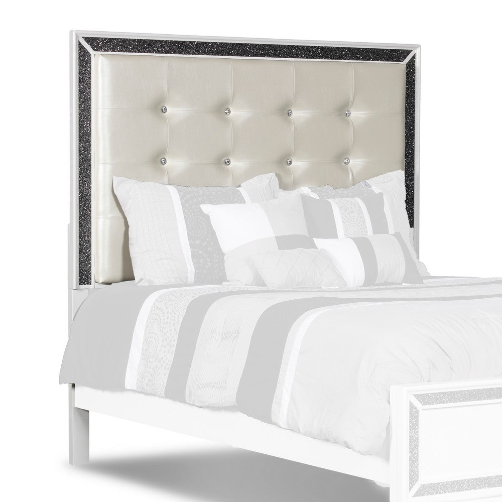 Faux Crystal Tufted Fabric Queen Headboard with Straight Legs, White By Casagear Home