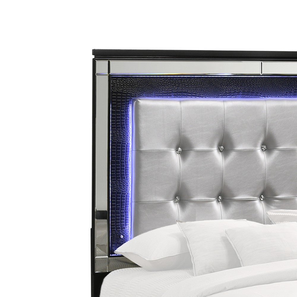 Faux Crystal Tufted Fabric Twin Headboard with LED Trim Silver and Black By Casagear Home BM220404