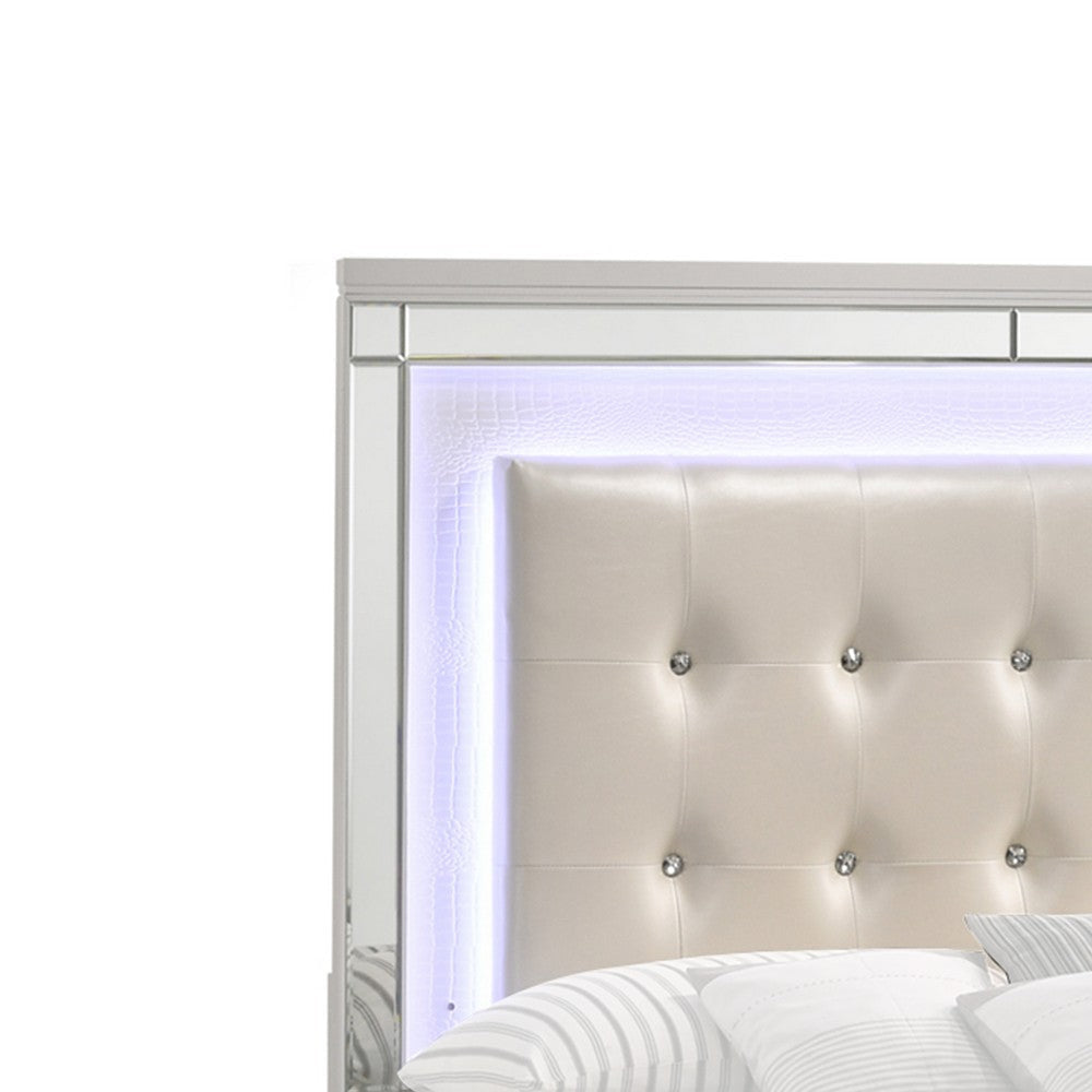 Faux Crystal Tufted Fabric Twin Headboard with LED Trim White By Casagear Home BM220406