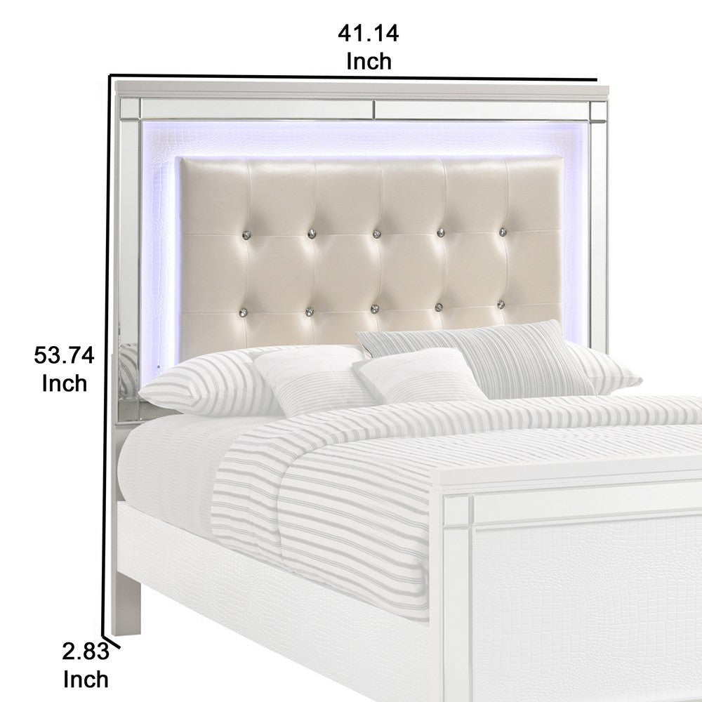 Faux Crystal Tufted Fabric Twin Headboard with LED Trim White By Casagear Home BM220406