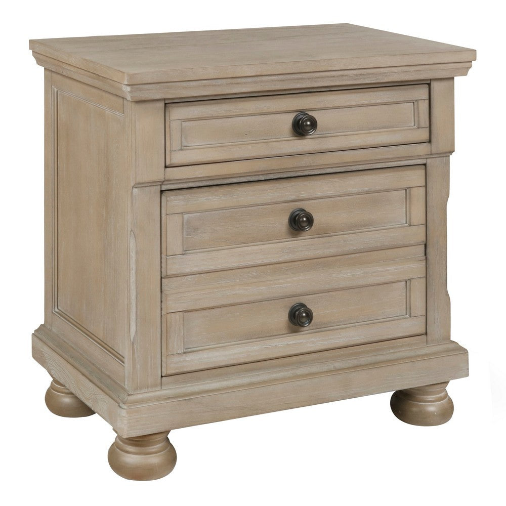 3 Drawer Wooden Nightstand with Round Knobs and Bun Feet, Weathered Brown By Casagear Home