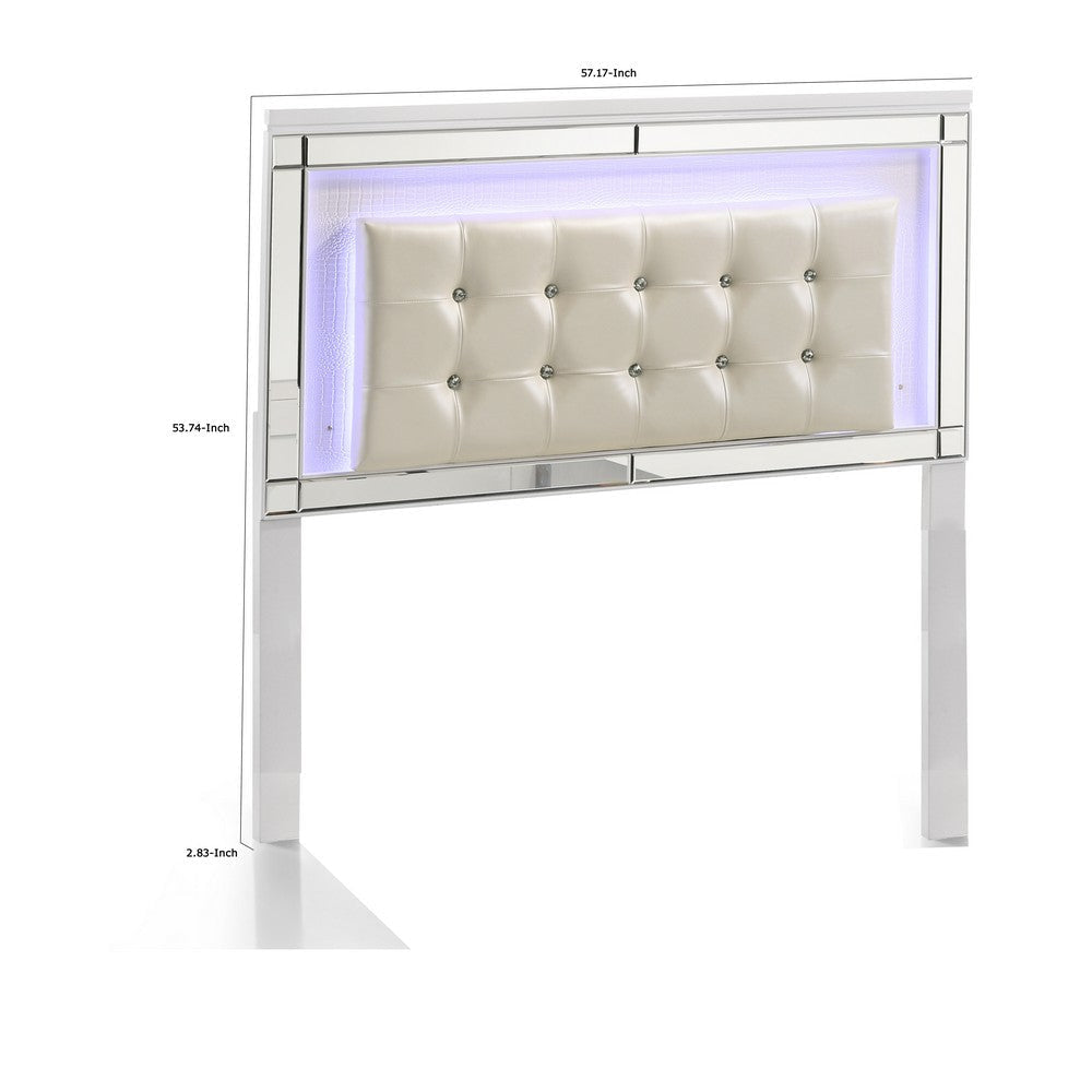 Modern Wooden Full Size Headboard with LED and Glass Trim White By Casagear Home BM220460