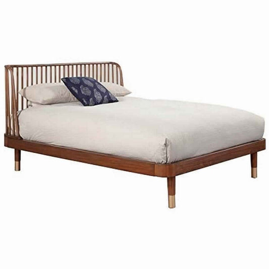 California King Platform Bed with Slat Back Rattan Headboard, Brown By Casagear Home