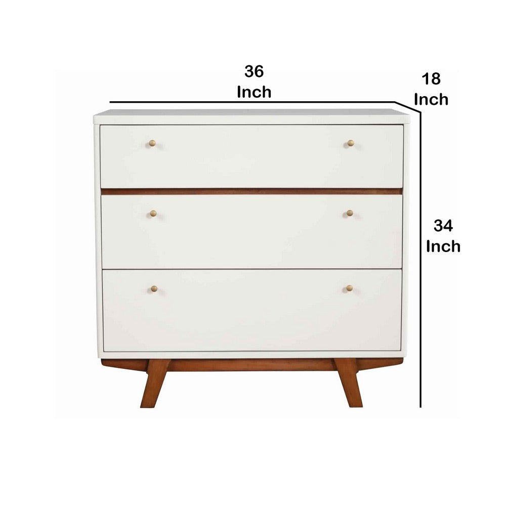 3 Drawer Wood Chest with Round Pulls and Angled Legs Small,White and Brown By Casagear Home BM220498