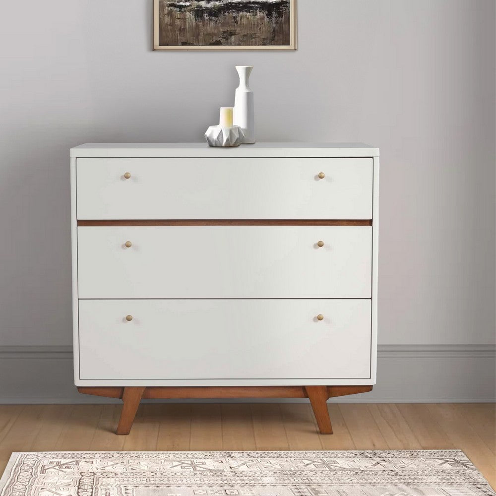 3 Drawer Wood Chest with Round Pulls and Angled Legs Small,White and Brown By Casagear Home BM220498