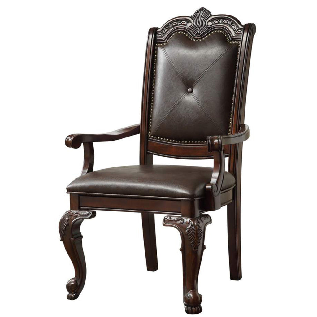 Crowned Top Wooden Side Chair with Leatherette Seating Set of 2 Dark Brown By Casagear Home BM220567