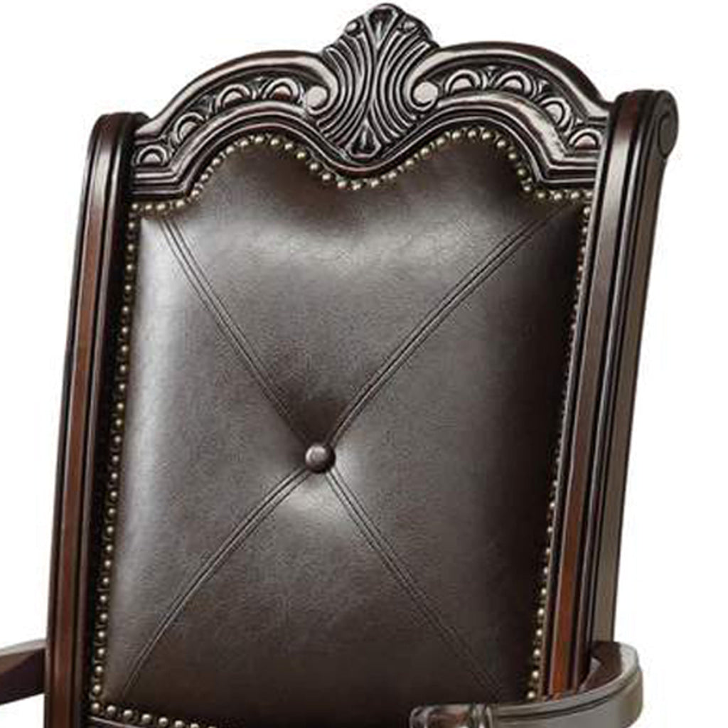 Crowned Top Wooden Side Chair with Leatherette Seating Set of 2 Dark Brown By Casagear Home BM220567